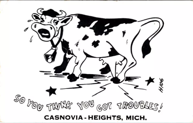COMICS, Cow Humor "So You Think You Got Troubles" CASNOVIA-HEIGHTS, MI Postcard