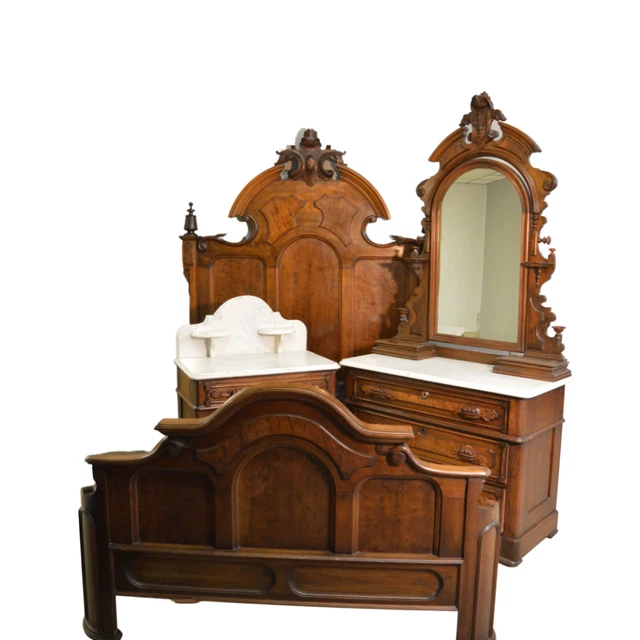 Antique Bed Set, Victorian Carved Walnut Bedroom Suite #21497