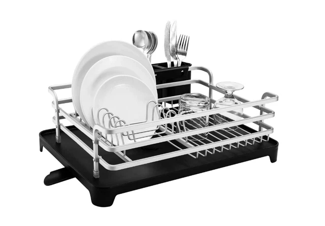 Aluminum Dish Rack w/ Cutlery Holder Removable Drainer Tray, Rust-Resistant
