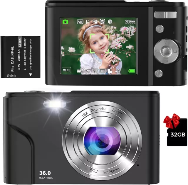 Digital Camera, 1080P Full HD Compact Camera 36MP Vlogging Camera with 16X Digit