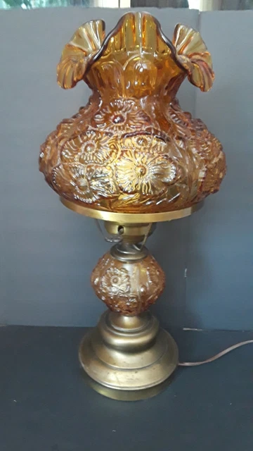 Vintage 1970's Vintage Fenton Amber Poppy Satin Glass Student Lamp WORKS