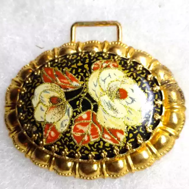Very old vintage handcrafted and painted~ enamel floral pendant / belt buckle