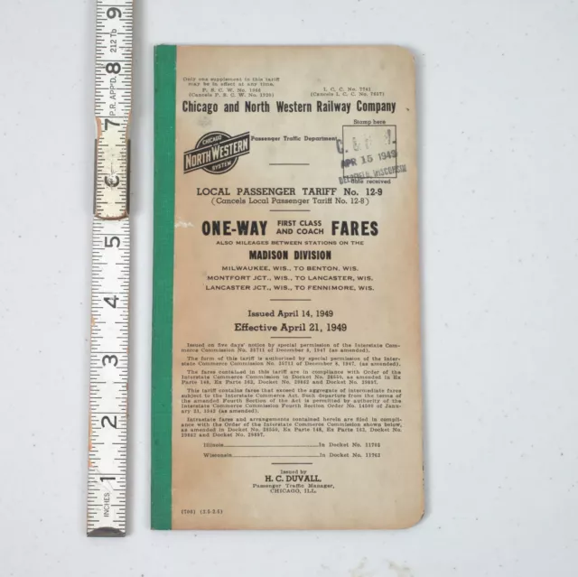 1949 Chicago and North Western Railway One Way Fare Rate Book Madison Division