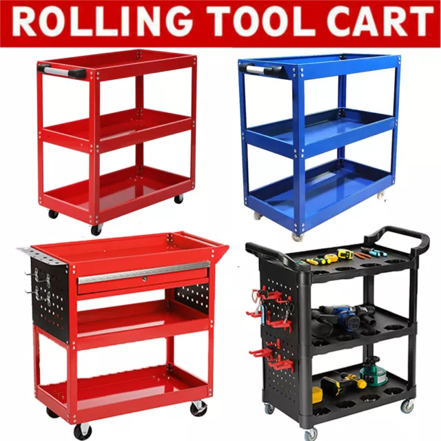 Tool Storage Heavy Duty Durable Garage Trolley Workshop 3 Tier Wheel Cart Shelf