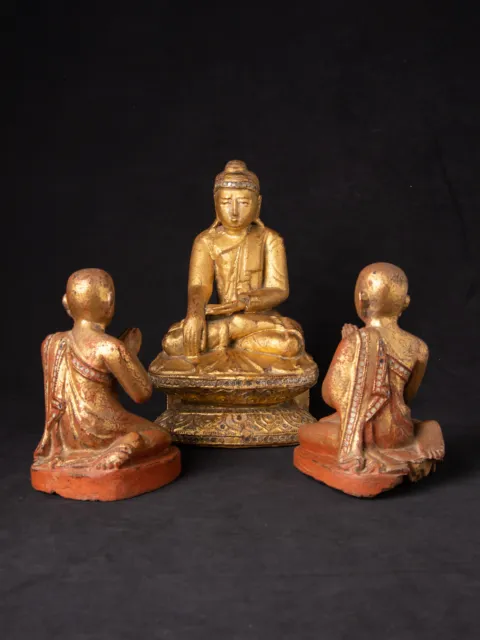 Antique Burmese Buddha with two monk statues from Burma, 19th century