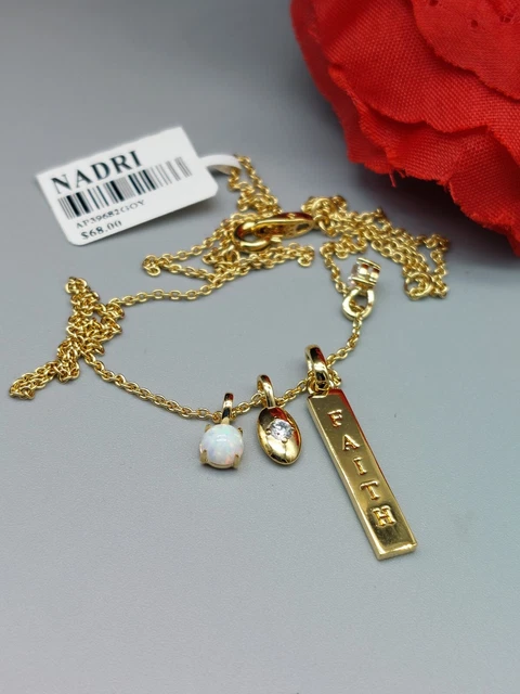 Signed Nadri NWT Gold Tone Necklace Bar Pendant "Faith" Rhinestone Faux Bead 18"
