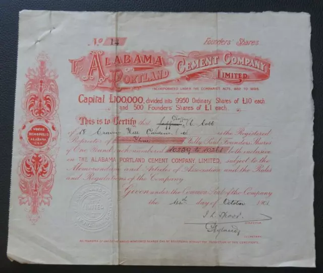 U.S.A. Alabama Portland Cement Co. Ltd Founders £1 share certificate no 14, 1901