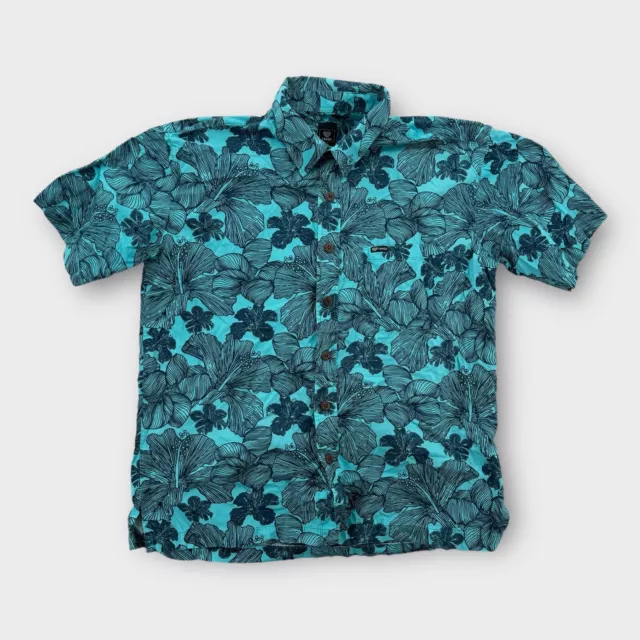 Tanoa Shirt Mens Large Blue Button Up Short Sleeve Surfer Hawaiian Cotton Tribal