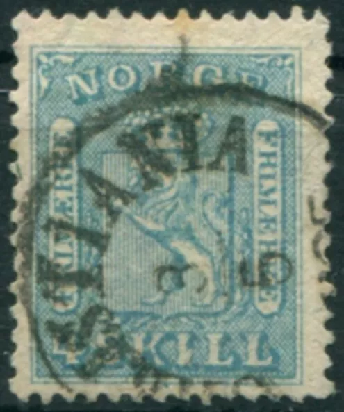(TV02808) Norvegia 1863 Stemma con Leone rampante  4 sk azzurro  Unif. 8  Usato