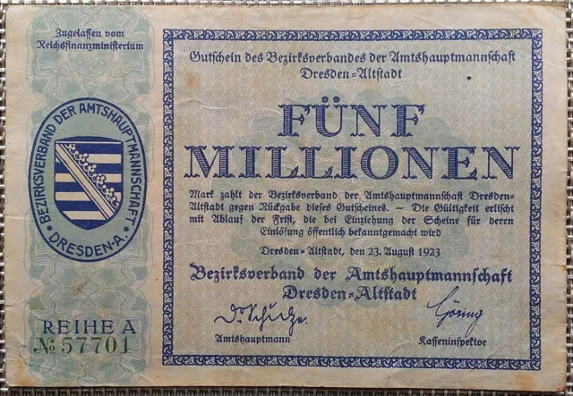 5 Millionen Mark 1923 Schein, Amtshauptmannschaft Dresden- Altstadt, F- VF °