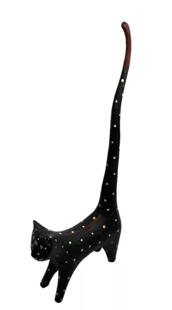 Cat Long Tail Wood Hand Painted Carved Black White Spots Red Stripe