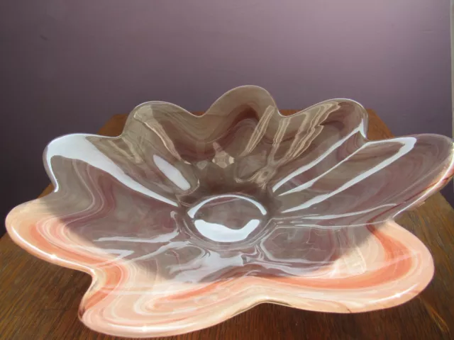 Art glass pink beige swirl bowl hand blown murano style 11 3/4" in diameter