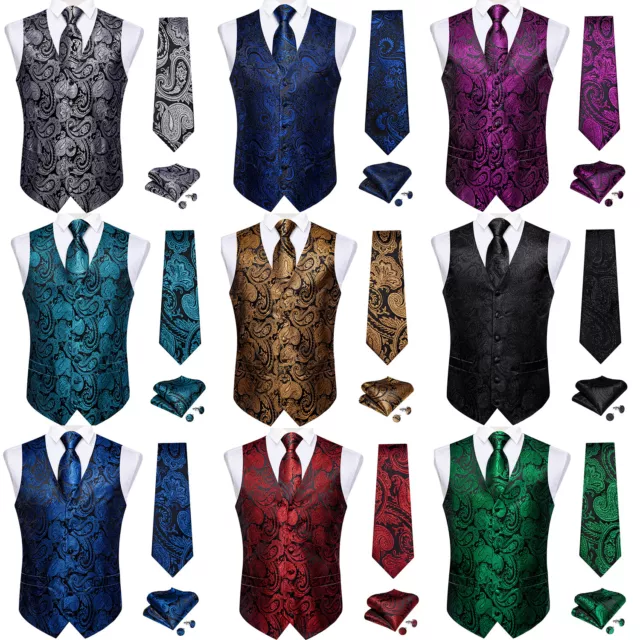 Mens Formal Wedding Waistcoat Paisley Floral Suit Vest Slim Tuxedo Silk Tie Set