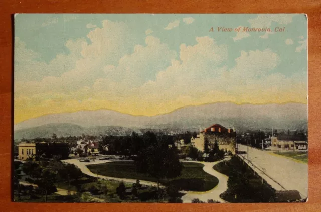 view of Monrovia CA on advertising postcard Old Mission Trolley Pacific Electric