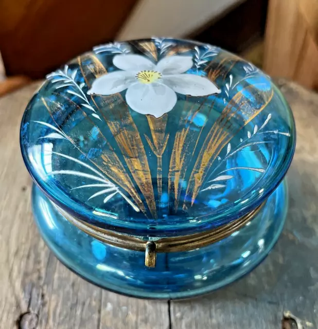 Antique Vintage Hand Painted Enamel Blue Glass Trinket Box Dresser Jewelry Box