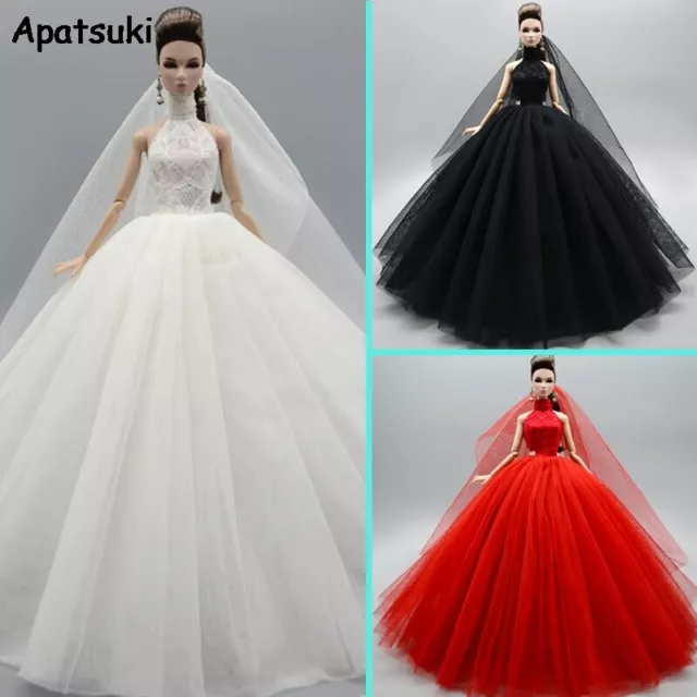 High Neck Fashion Wedding Dress For 11.5" Doll Outfits Gown Clothes & Veil 1/6