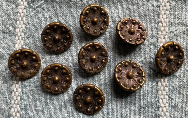 9 Matching Vintage Antique Metal Flower Buttons - Old Lot - 5/8”