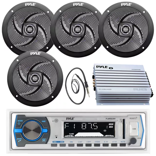 5.25" Marine Black Speakers, Pyle USB AM FM Radio,Antenna, 400W Marine Amplifier