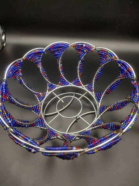 South African Handmade Glass Beaded Wire Decorative Metal Fruit Basket, Blue