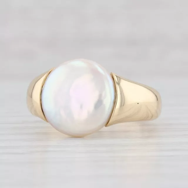 Yuel Cultured Button Pearl Solitaire Ring 18k Yellow Gold Size 7