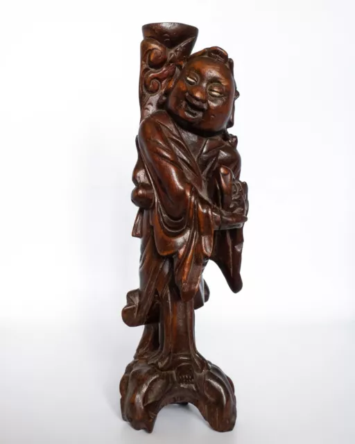 Chinese Antique Carved Wood Statue of Liu Haichan With His Toad Early 20th c