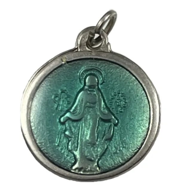 Vintage Catholic Miraculous Mary Blue Enamel SilverTone Religious Medal