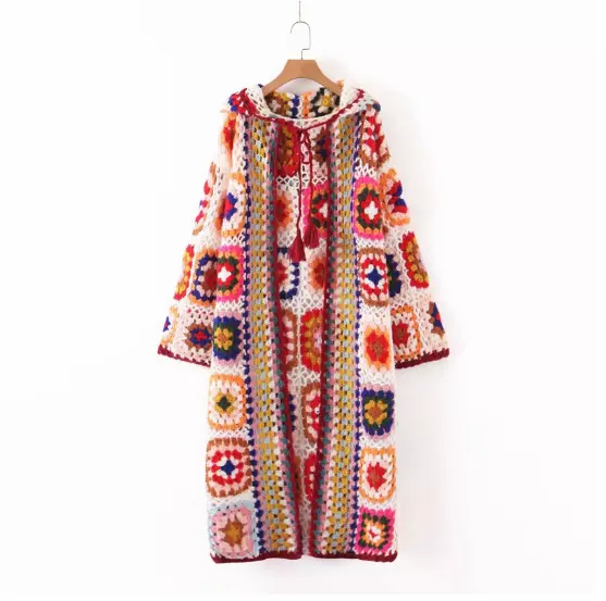 Womens Crochet Granny Square Handmade Cardigan Knit Long Rainbow Hooded Cardigan