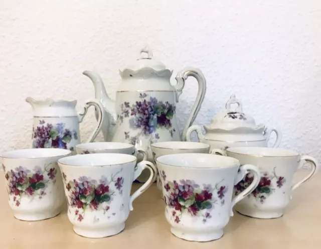 Antik um 1870 Porzellan Kaffeeservice 6 Pers. Blumen Veilchen