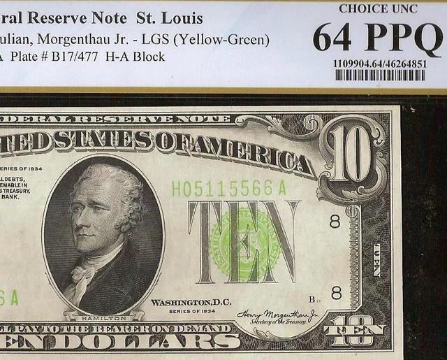 1934 $10 Bill Light Yellow Green Seal Federal Reserve Note Money Pcgs 64 Ppq 3