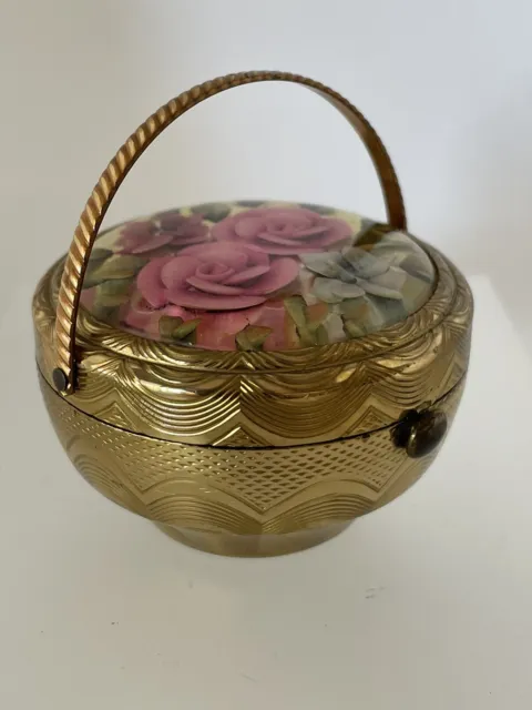 Rare Vintage Kigu Flower Basket Bouquet Powder Compact Lucite Top