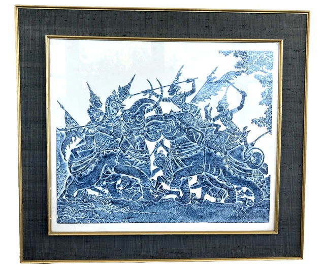 Vintage MCM Thai Temple Rubbing Blue Gold Framed Buddhist Art 34”x29”