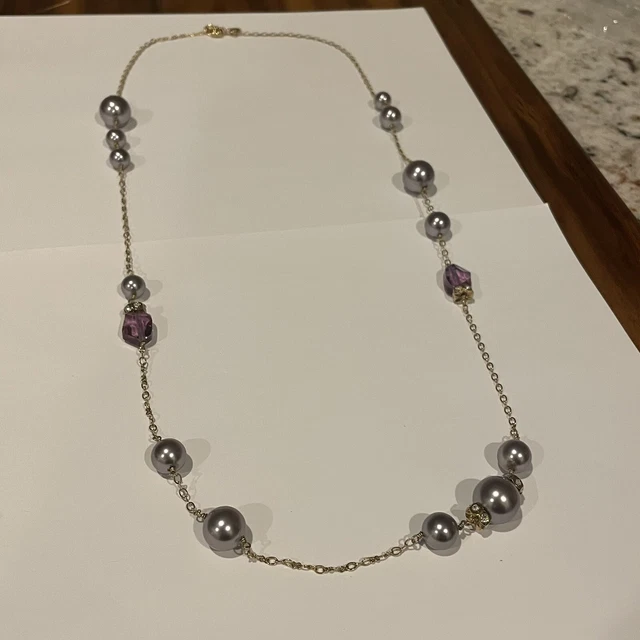 Signed J. Crew Gold Tone Necklace Rhinestone / Glass / Faux Pearl Purple Beaded