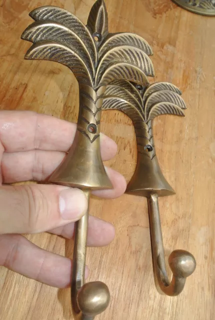 2 large Palm tree COAT HOOKS solid age brass tropicle vintage old style 20 cm B