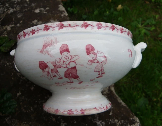 Ancienne Petite Assiette De Dînette En Porcelaine, Motif Poules, Gien, Vers 1910