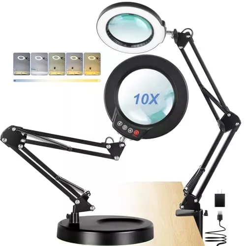 10X Magnifying Glass with Light and Stand, 5 Color Modes Stepless Dimming LED