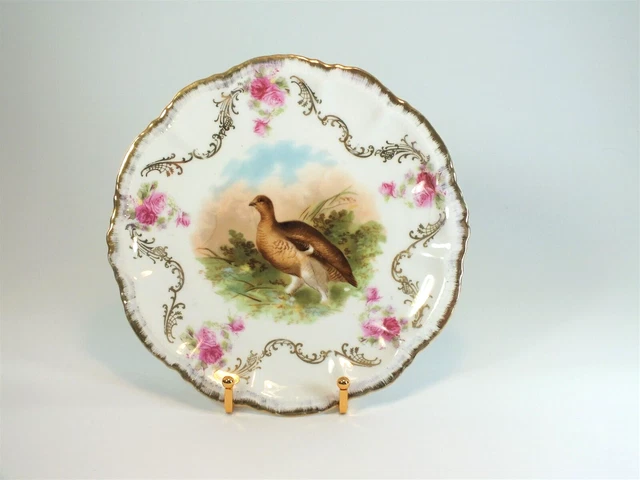 Antique Gold Scalloped with Roses Game Bird Plate 9" Stamped PM Bavaria Grouse