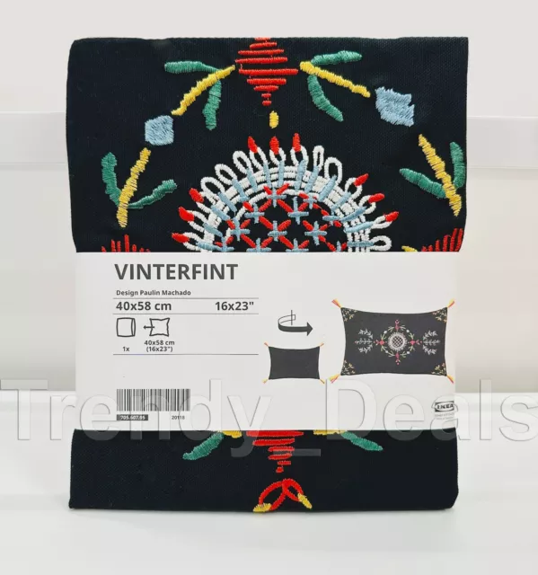 Ikea VINTERFINT Pillow Cushion Cover 16" x 23" Folk Art Embroidered, Black - NEW