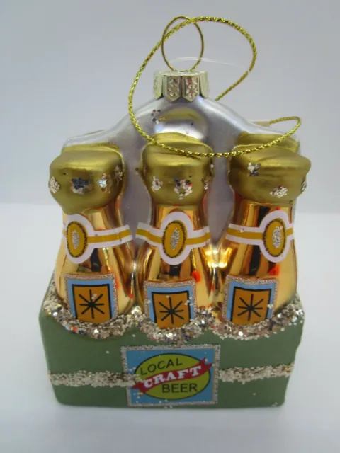 Glass Ornament Vintage Look "Local Craft Beer" Gold tone Sparkly Bottles Crate