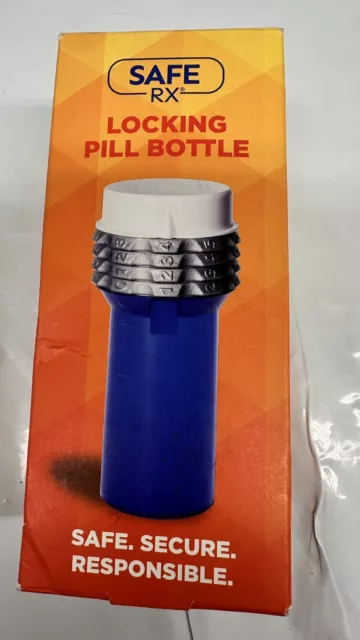 Botella de píldora de bloqueo SafeRX azul grande nueva