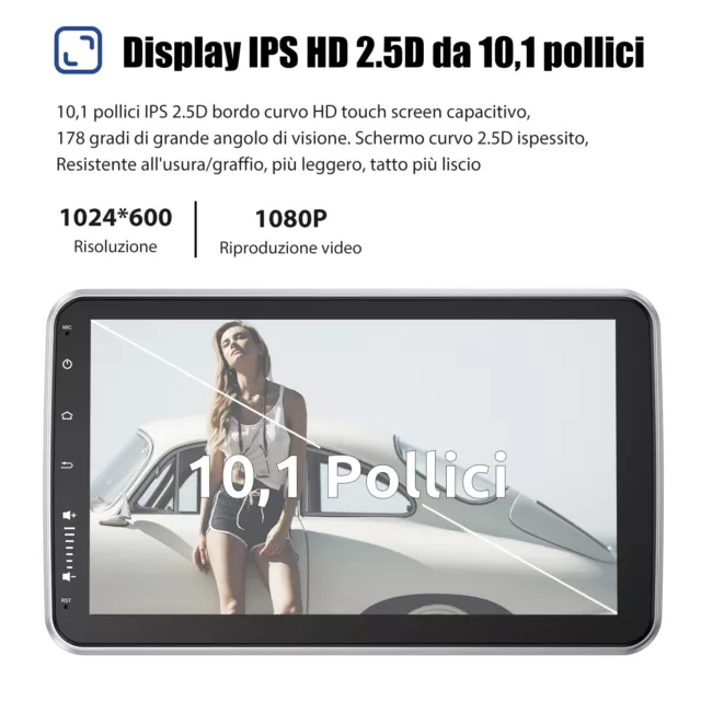 Autoradio 10" 1 DIN Android 13 GPS RDS WIFI USB Ruotabile IPS Schermo Mic Camera 3