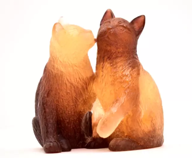 DAUM France Crystal Cats Signed PATE DE VERRE AMBER KITTENS Sculpture Figurine