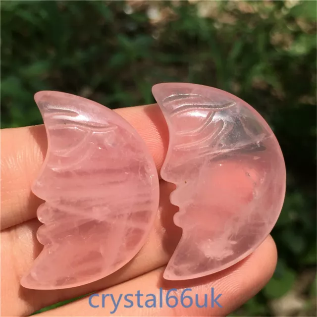 33mm Natural Rose Quartz Moon Carved Crystal Skull Reiki Healing 2pcs