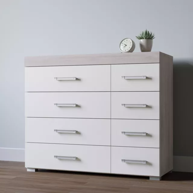 Wide Chest of 4+4 Drawers in White & Grey Oak Bedroom Furniture 8 Drawer * NEW *