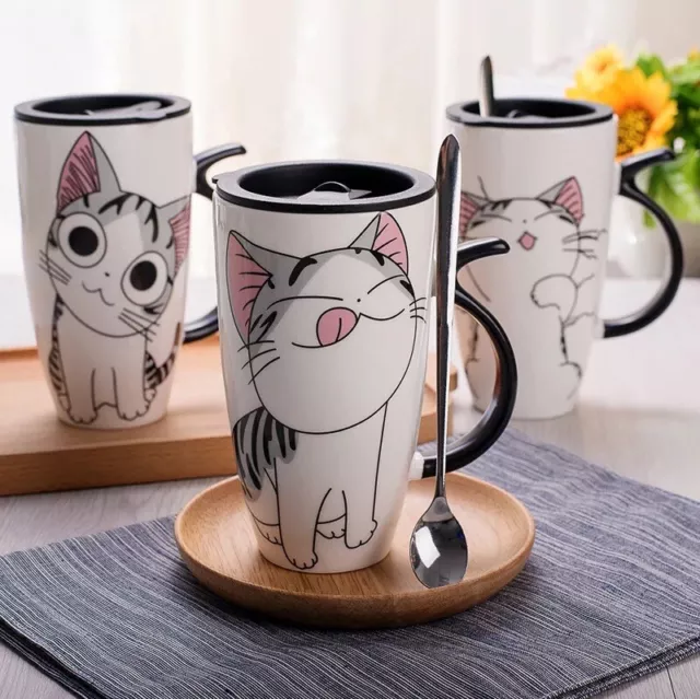 Kaffeetasse Mit Deckel Löffel Neuheit Geschenk Keramik Tasse Cartoon Katze