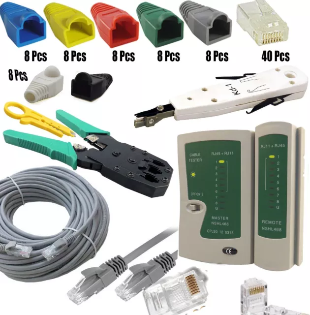 40m RJ45 Cat5e Network Cable Tester Boot Connector Crimping Punch Down Tool Kit