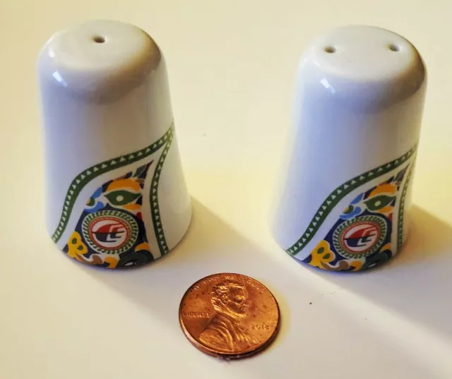 Malaysian Airline Mini Tiny Porcelain Salt & Pepper Set Awesome Colorful Logo
