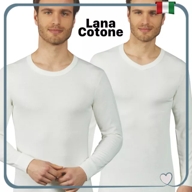Maglia da uomo intima Manica Lunga Lana e cotone Girocollo scollo a V termica