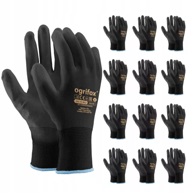 1,12 or 24 BLACK PU COATED SAFETY WORK GLOVES GARDEN GRIP MENS BUILDERS