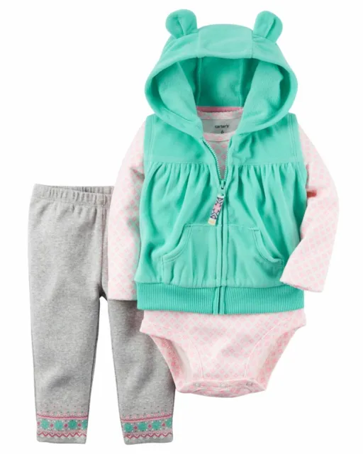 Carter's Infant Baby Girl 3 Piece Fleece Vest Bodysuit Pant Set Size 6M NWT