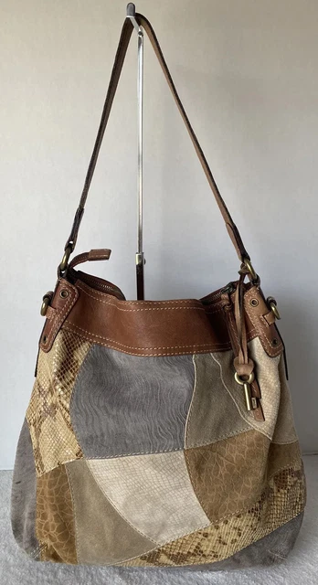 Fossil Leather Patchwork Shoulder Bag Purse Suede Snakeskin Large Boho Hippie